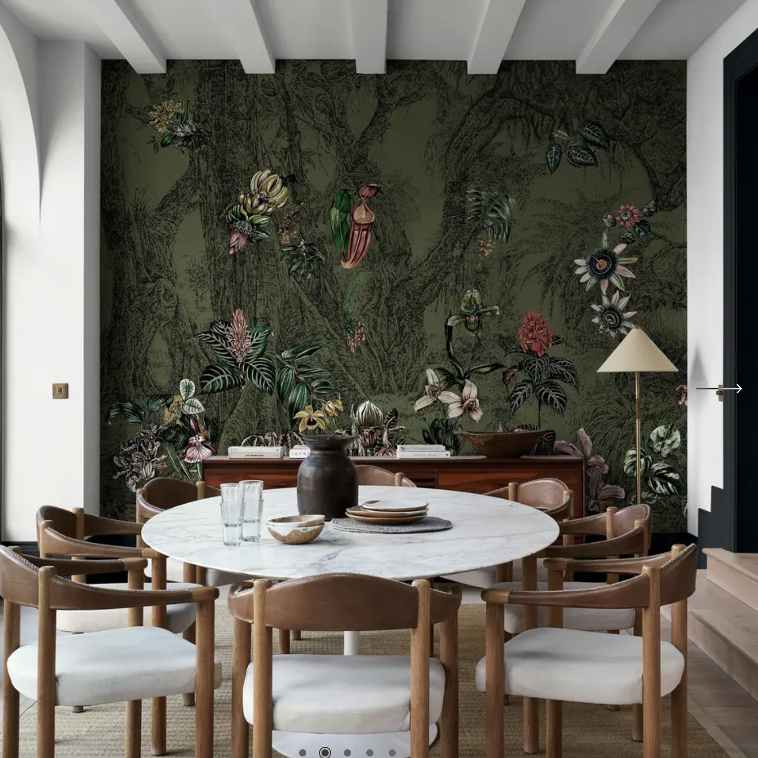 Green wallpaper mural in a dining room