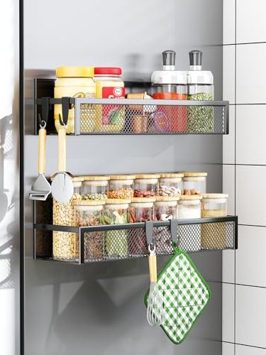 Aufworld Magnetic Spice Rack for Refrigerator, 2 Pack Magnetic Shelf, Fridge Magnet Organizer With Moveable 4 Hooks, Magnet Fridge Shelf for Kitchen Organization and Storage (2 Pack)