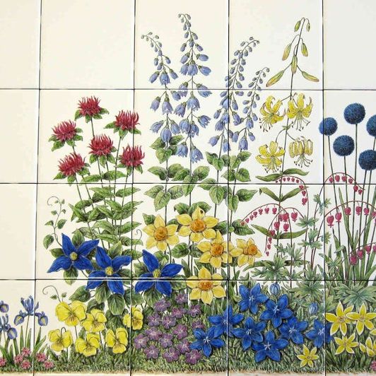Hand-Painted Wildflowers Portuguese Tile Mural &amp;ndash; Traditional Azulejo Wall Art