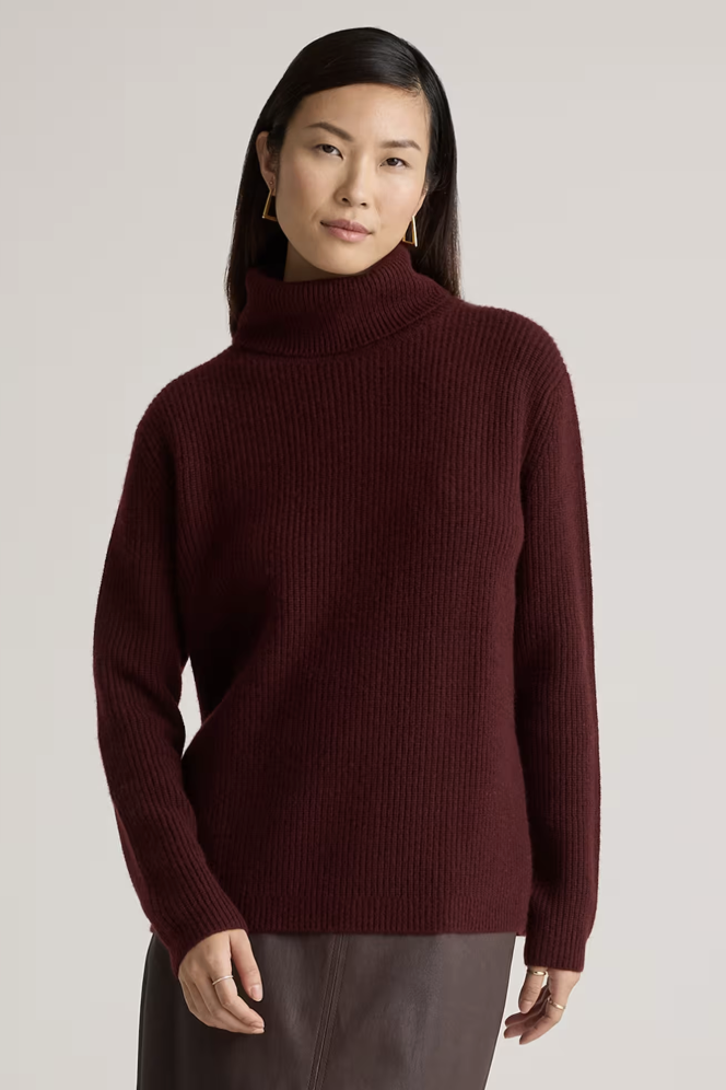 Quince, Mongolian Cashmere Fisherman Turtleneck Sweater in Rich Burgundy