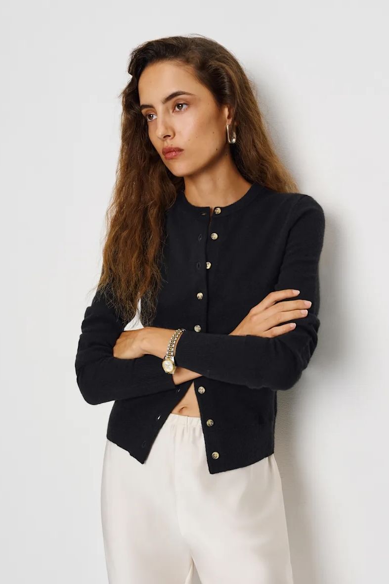 black button-front reformation cashmere cardigan