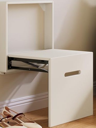 Miuuod 17.55"w Wall Mounted Folding Chair Solid Step Stool,shoe Changing Footstool,folding Balcony Living Seat,space Saving Hidden Entryway Stool,tea White