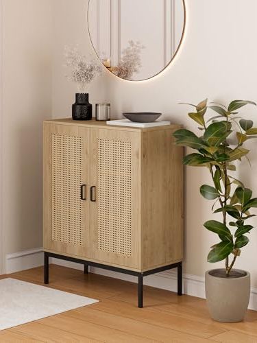 Vonhaus Tall Sideboard for Living Room - Rattan Effect Hallway Cabinet With 3 Storage Shelves - Scandi Look Side Board Storage Cabinet - Light Wood Effect Side Board for Hallway - Lena