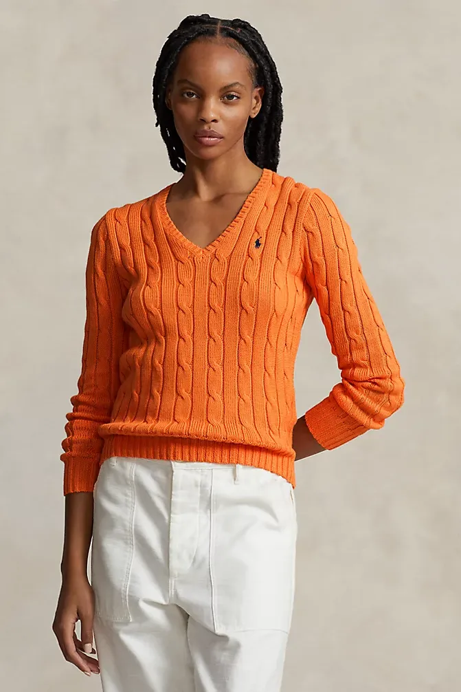 Cable Knit Cotton V Neck Sweater