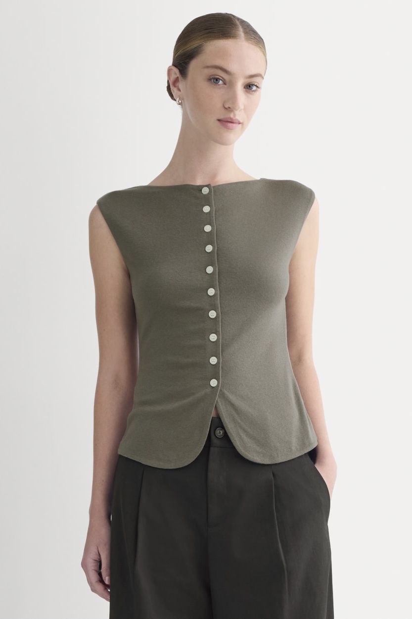 Sleeveless Button-Up in Butterluxe | Taupe - Xxs