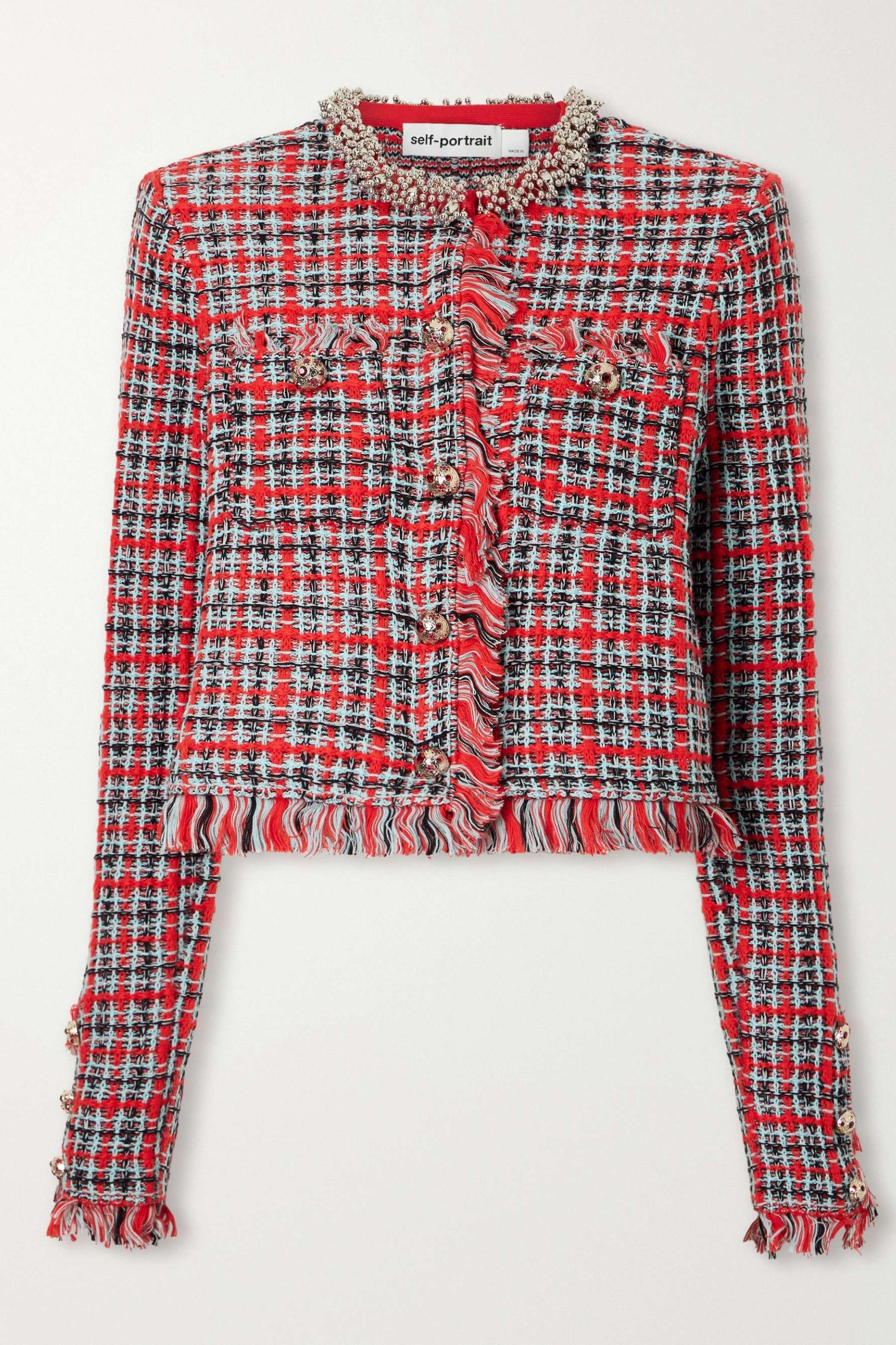 Embellished Cotton and Wool-Blend Boucl&eacute;-Knit Frayed Jacket