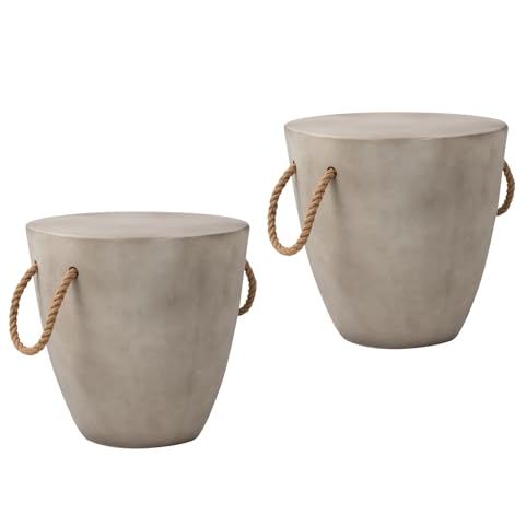 Cosiest Set of 2 Outdoor Cup Shaped Side Table, Concrete Side Table W Hemp Rope Handles,17''patio Side Tables End Table, Outdoor Accent Table for Garden and Patio, Grey