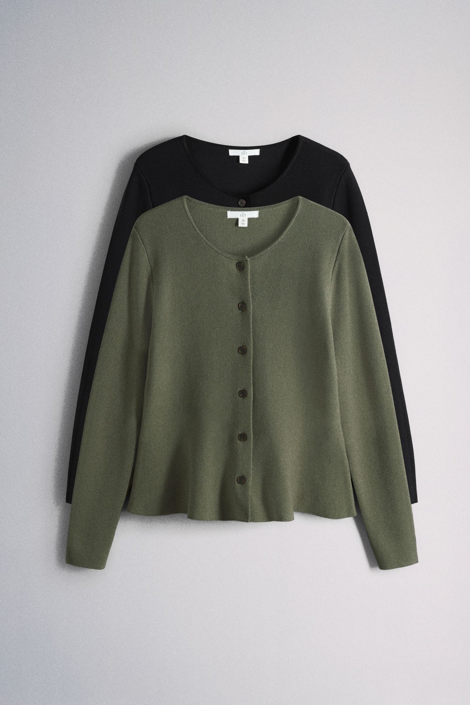 The Set 2 Pack Crew Neck Long Sleeve Buttoned Smart Longline Peplum Cardigan Black/khaki