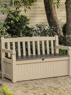 Keter Eden Bench 265l Outdoor 60% Recycled Garden Furniture Storage Box Beige &amp;amp; Brown Wood Panel Effect | Fade Free | All Weather Resistant | Safe and Secure | Zero Maintenance | 2 Year Warranty