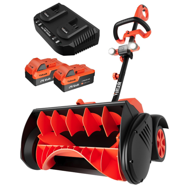 VOLTASK, Voltask Cordless Snow Shovel With Wheels, 48v | 16-Inch | 4-Ah Brushless Cordless Snow Blower, Battery Snow Blower With Directional Plate &amp;amp; Led Lights (2 * 24v Battery &amp;amp; Dual Quick Charger Included)