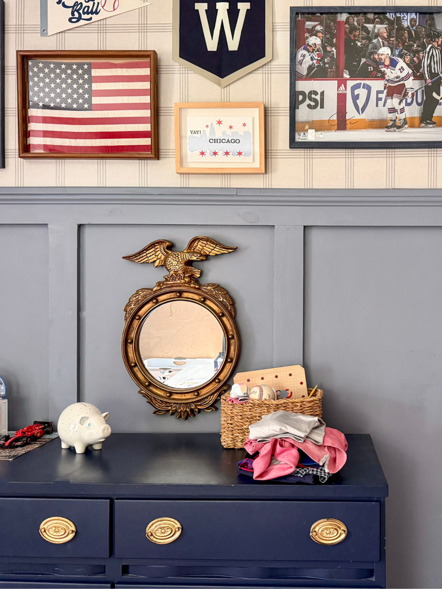 blue kids room with wallpaper