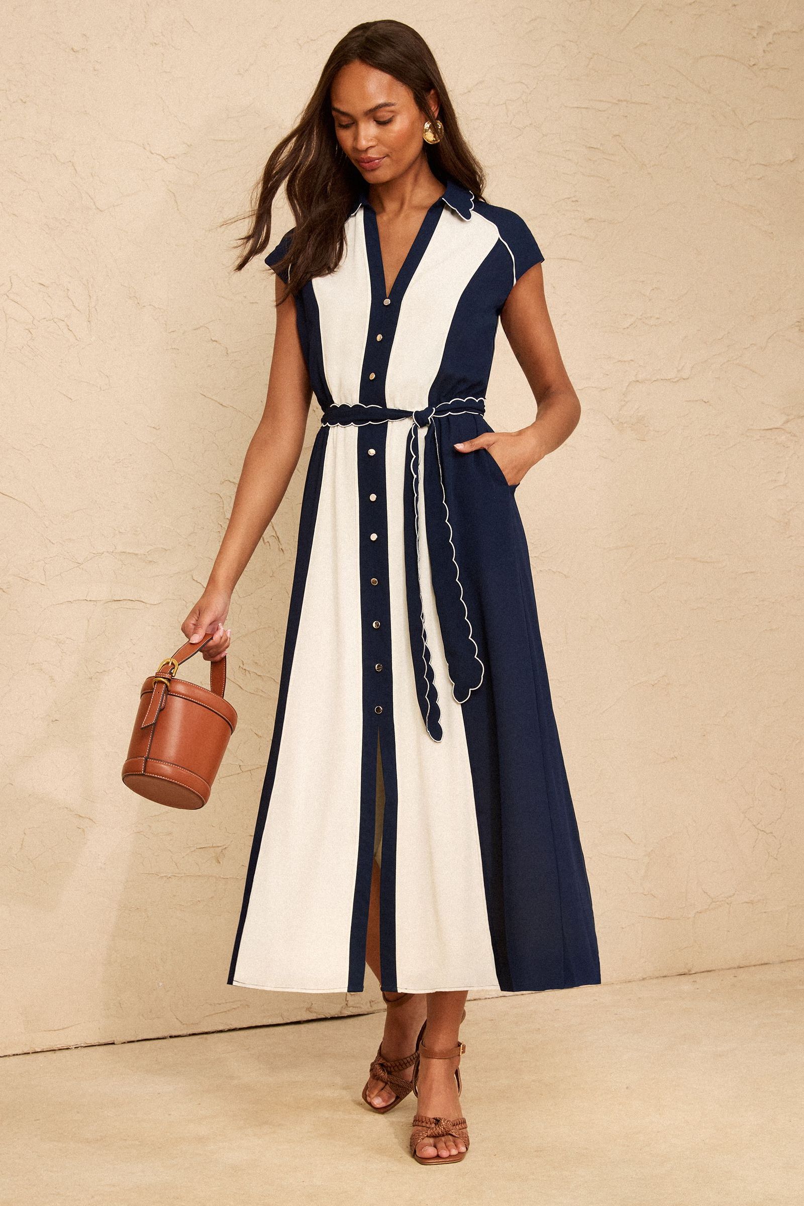 Love &amp;amp; Roses Navy Colourblock Scallop Tie Waist Midi Dress - Size 8