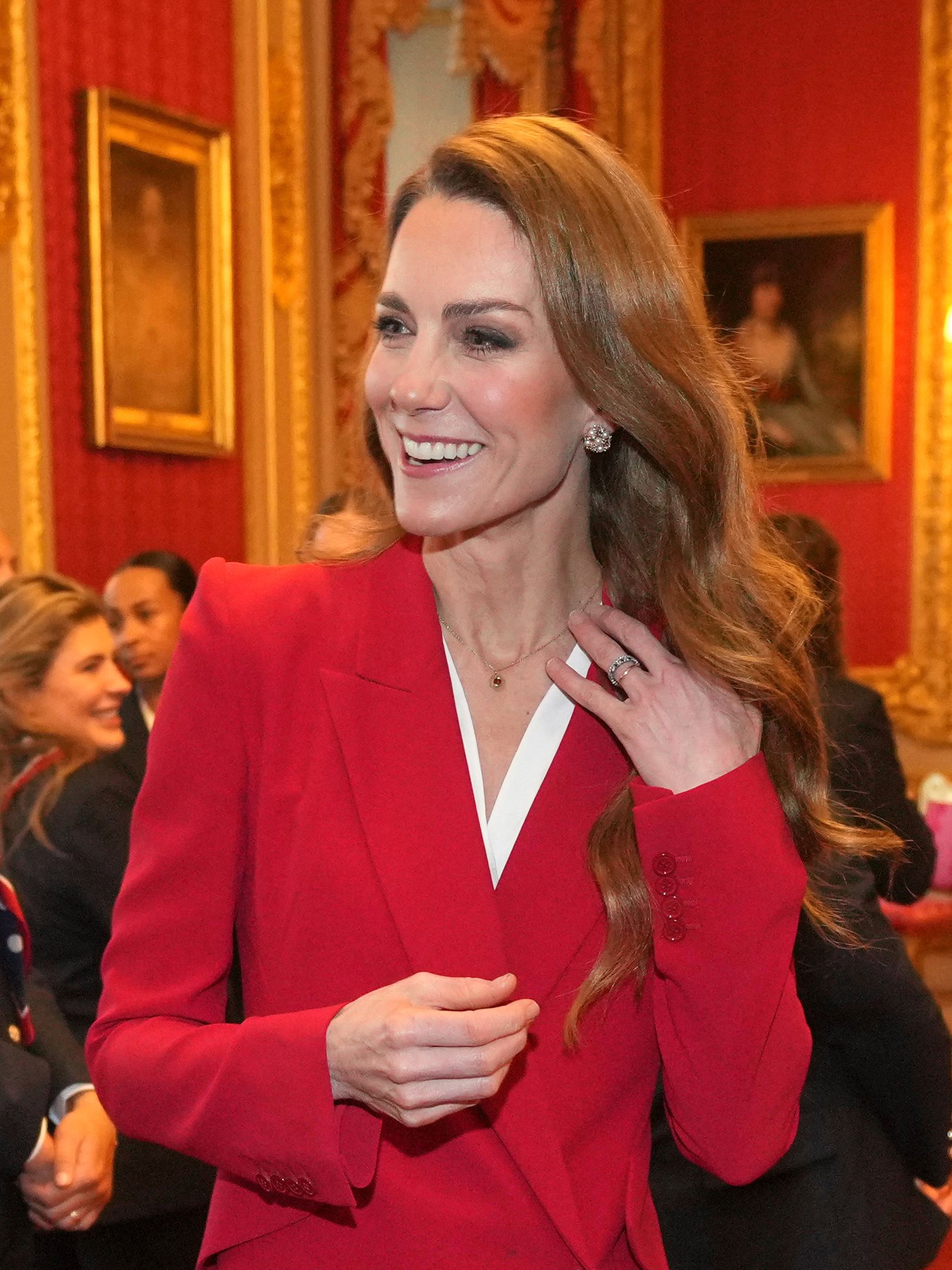 Britain's Kate, Princess of Wales, meets members of the England Women's rugby team, at Windsor Castle, Windsor, England, Thursday, Jan. 15, 2026, the team won the Women's Rugby World Cup in September 2025. (AP Photo/Kin Cheung, Pool)