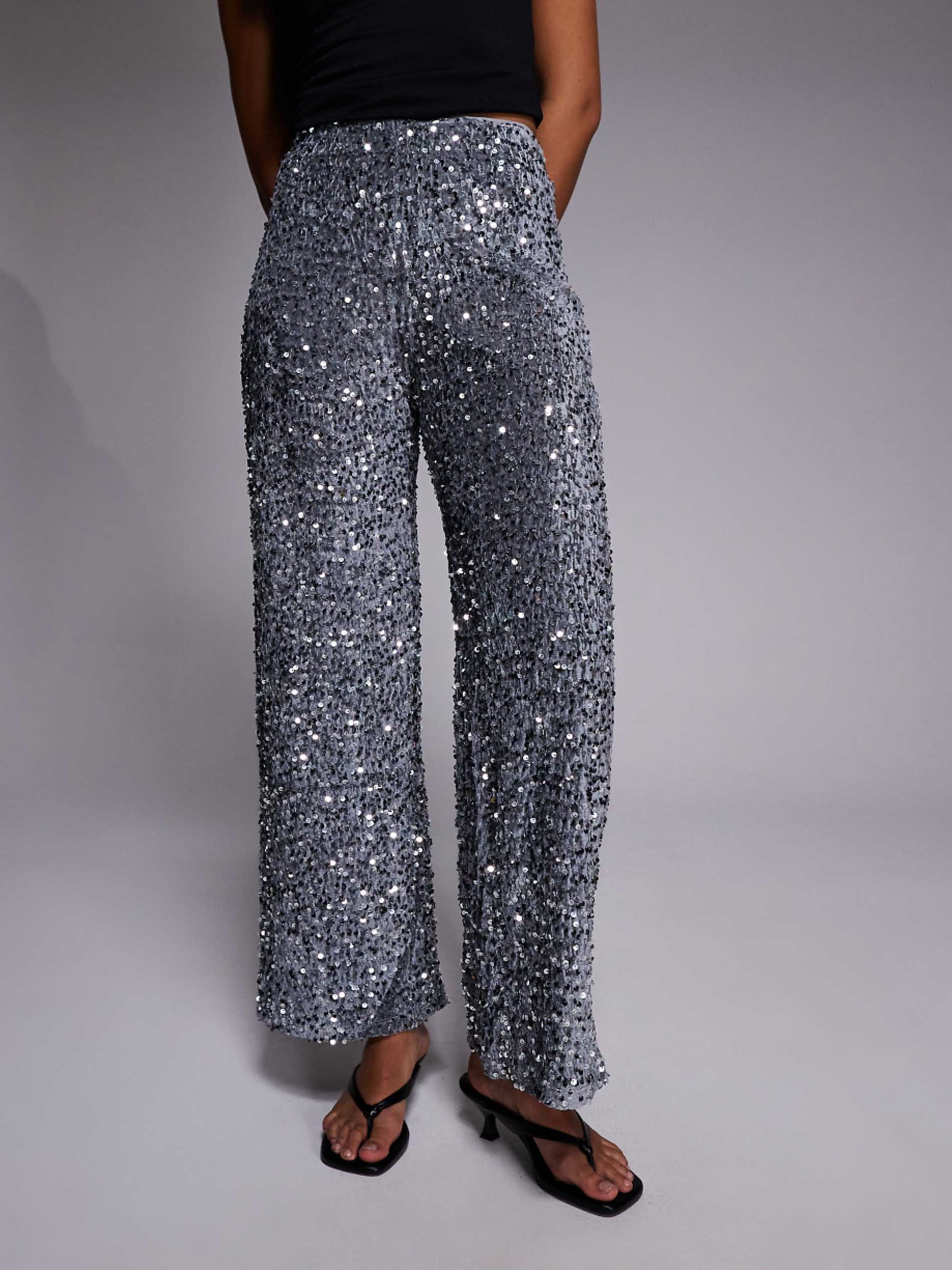 River Island Sequin Pull on Pants in Silver