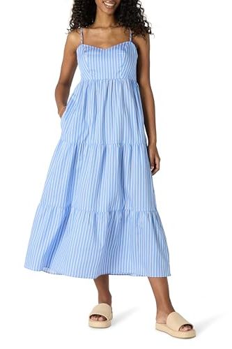Amazon Essentials Women's Fit and Flare Empire Waist Sweetheart Neck Cotton Sateen Tiered Maxi Dress, Blue White Stripes, L