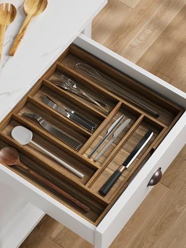 Smuxee Acacia Wood Kitchen Silverware Drawer Organizer, 8 Compartment Utensil Holder, Kitchen Drawer Divider for Silverware and Kitchenware