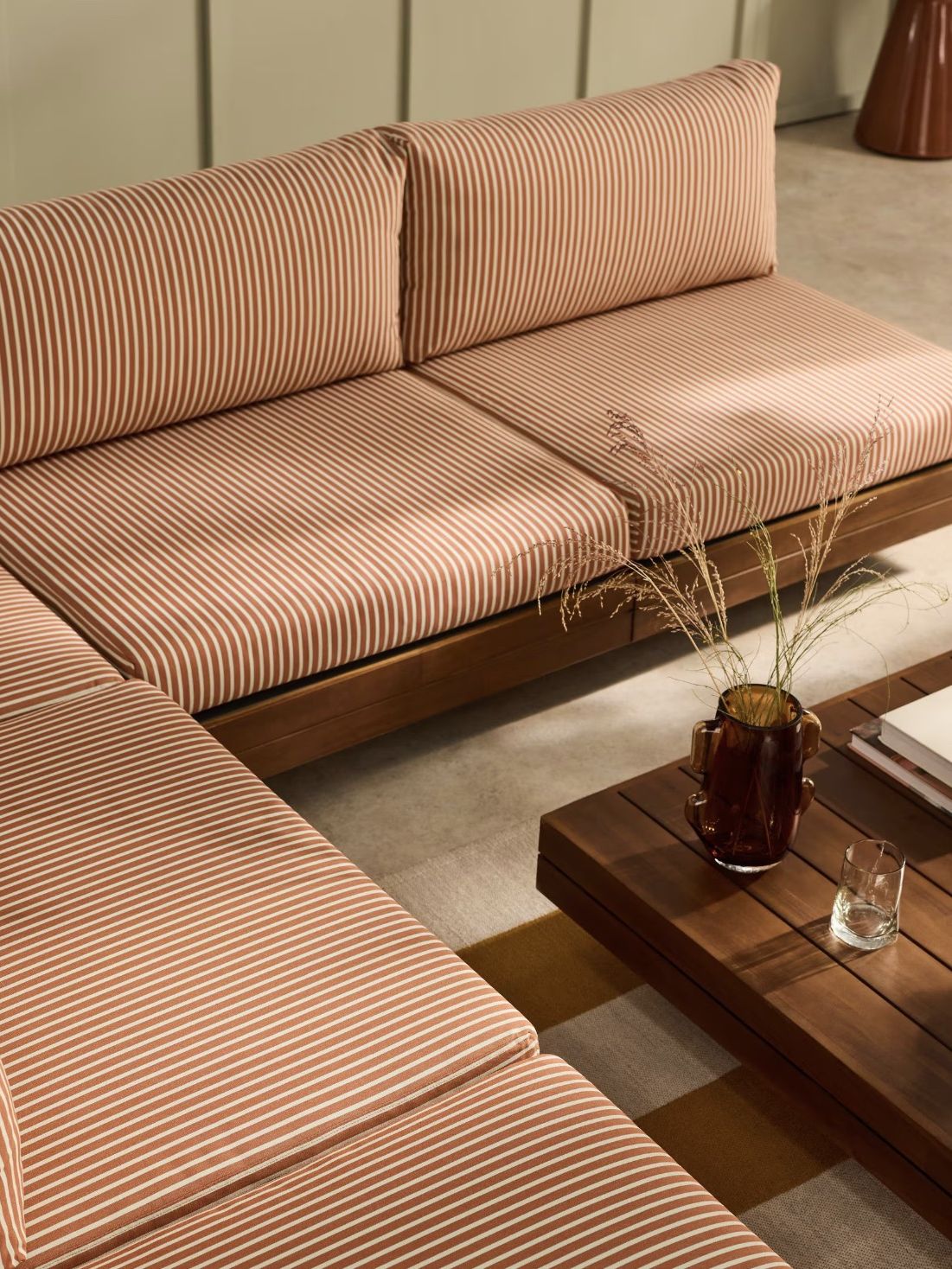 Avarna Garden Wood Corner Lounge Set in Green and Rust Stripe
