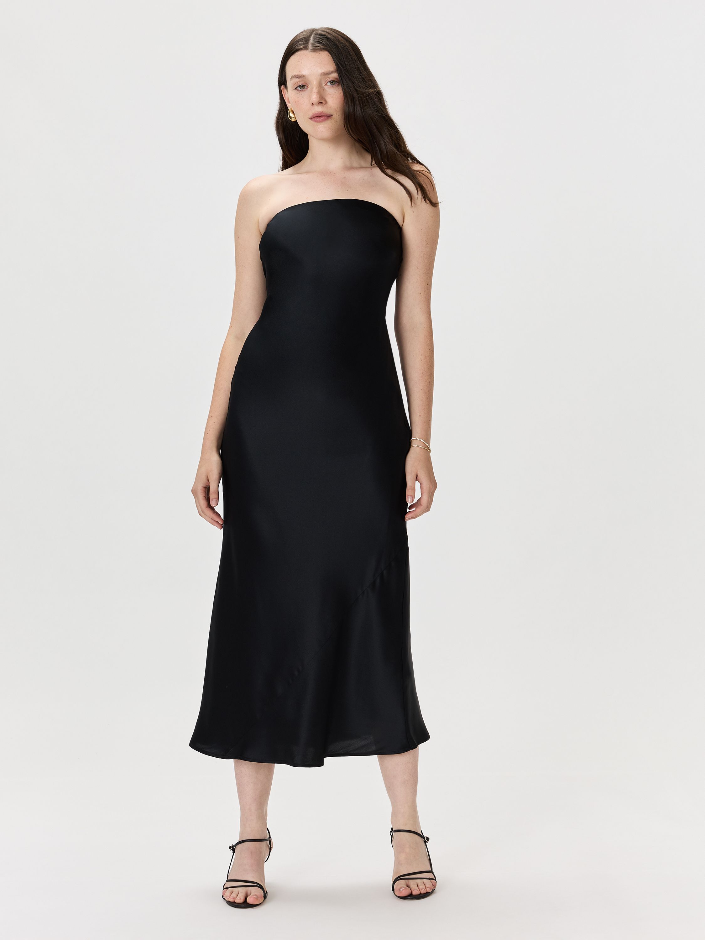 100% Washable Silk Strapless Midi Dress in Black