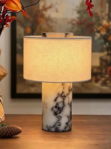 Modern Genuine Marble Cordless Lamp - Natural Stone Table Lamp With Linen Shade, 3-Way Touch Dimmable Usb-C Rechargeable Bedside Light for Elegant Living Room Bedroom Rechargeable Model