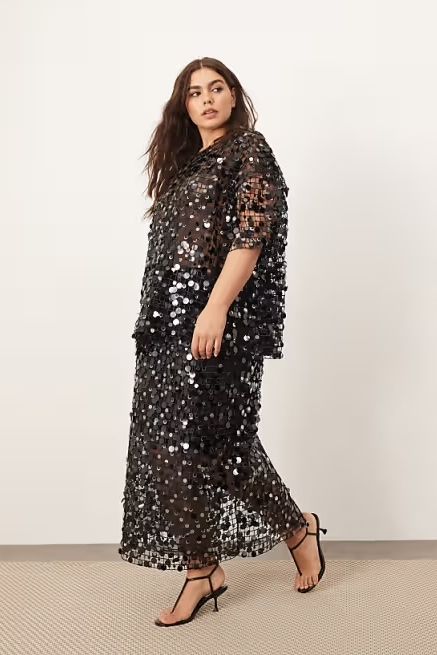 ARRANGE Curve sheer grid sequin maxi skirt in black