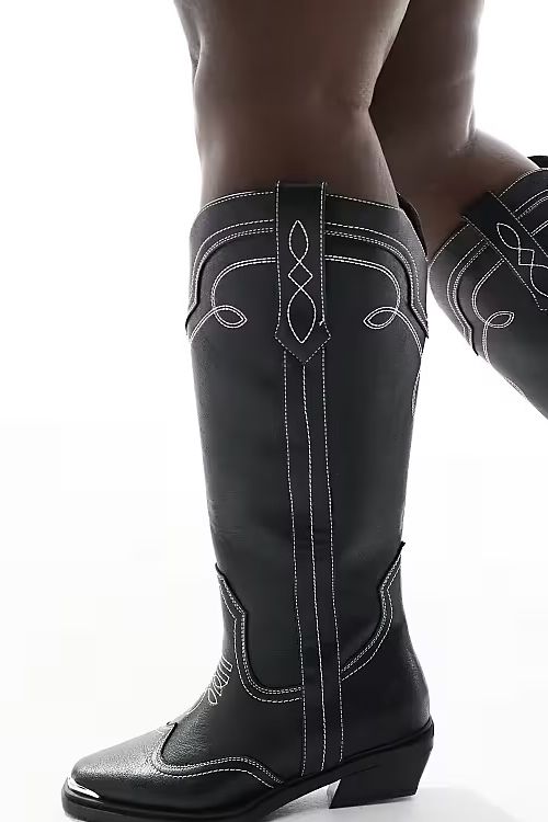 ASOS Design Curve Celeste flat western knee boots in black with stitching