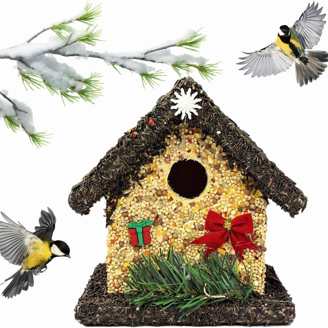 Handmade Edible Birdhouse- Unique Wooden Birdhouse Covered W/birdseed- Reseedable Bird Feeder-Made in Usa- Holiday Design! (sd)