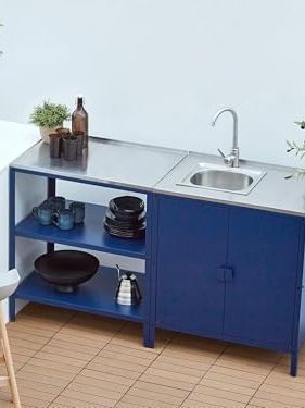 Beliani 2 Piece Outdoor Kitchen Set Stainless Steel Storage Island Cabinet Sink Single Lever Blue Vilama