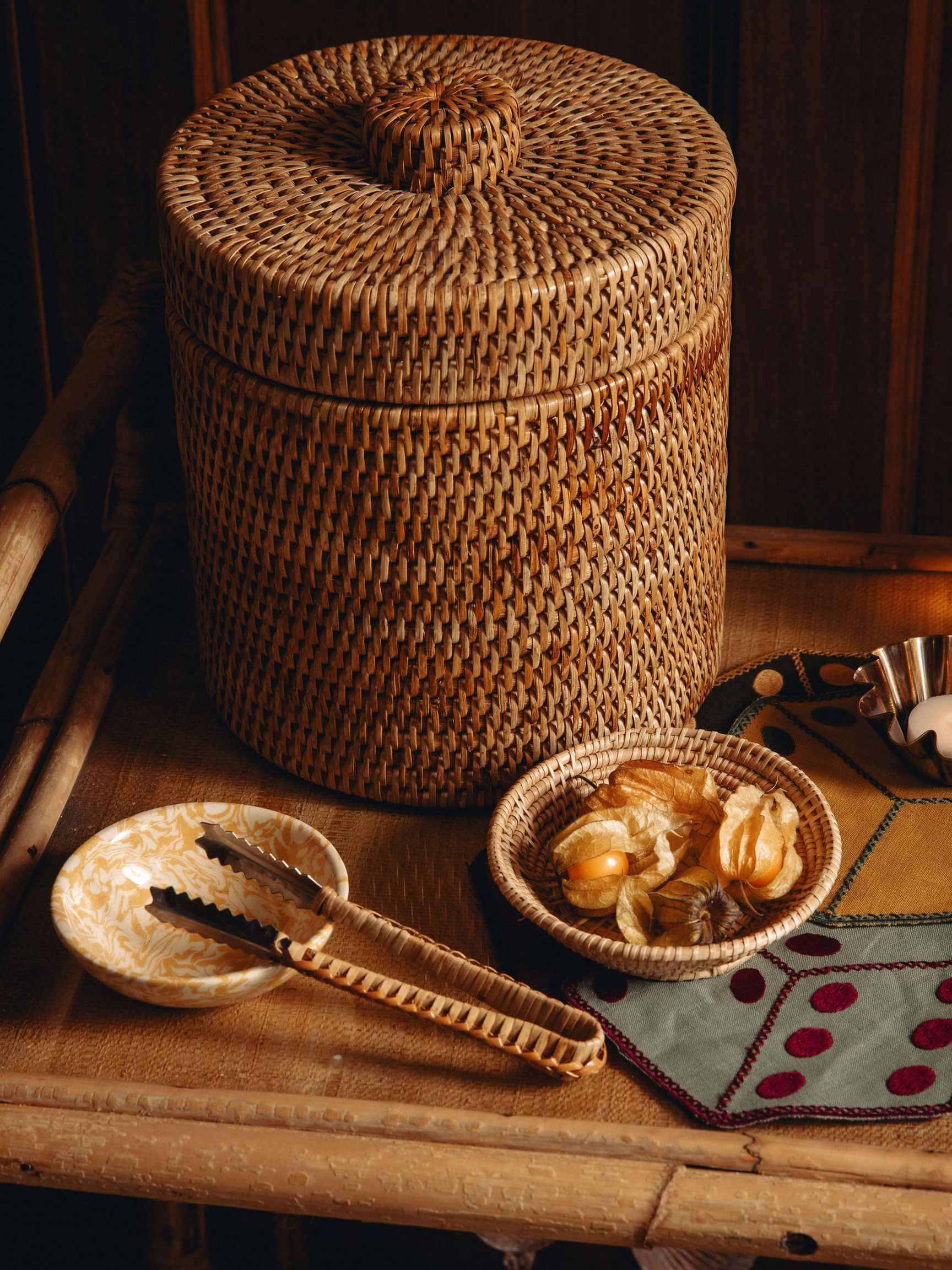 Rattan Ice Bucket With Tongs, Natural