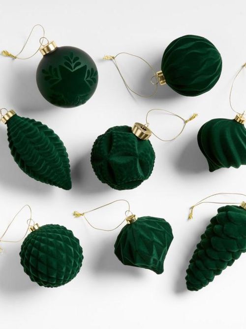 Green Velvet Christmas Ornaments, Boxed Set of 8