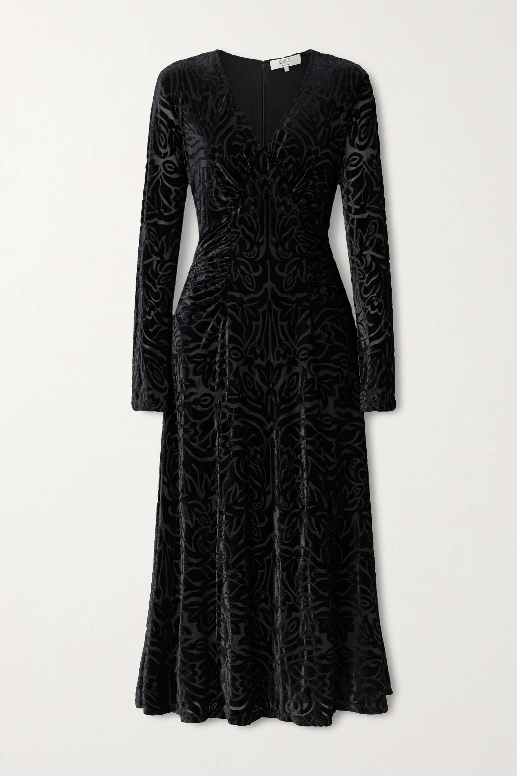 Julie Gathered Devor&amp;eacute;-Velvet Midi Dress