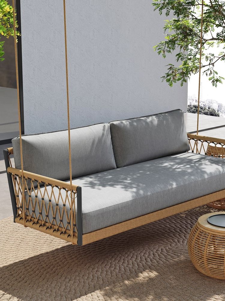 Outdoor 2-Seater Swing Sofa With Gray Hand Woven Rope &amp;amp; Gray Cushion 529lb Capacity&amp;#65372;homary Uk