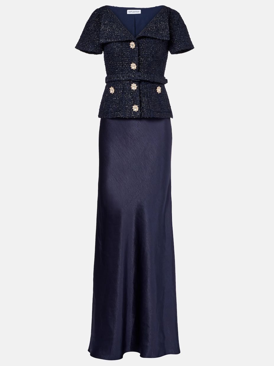 Embellished Boucl&amp;eacute; and Satin Maxi Dress in Blue - Self Portrait