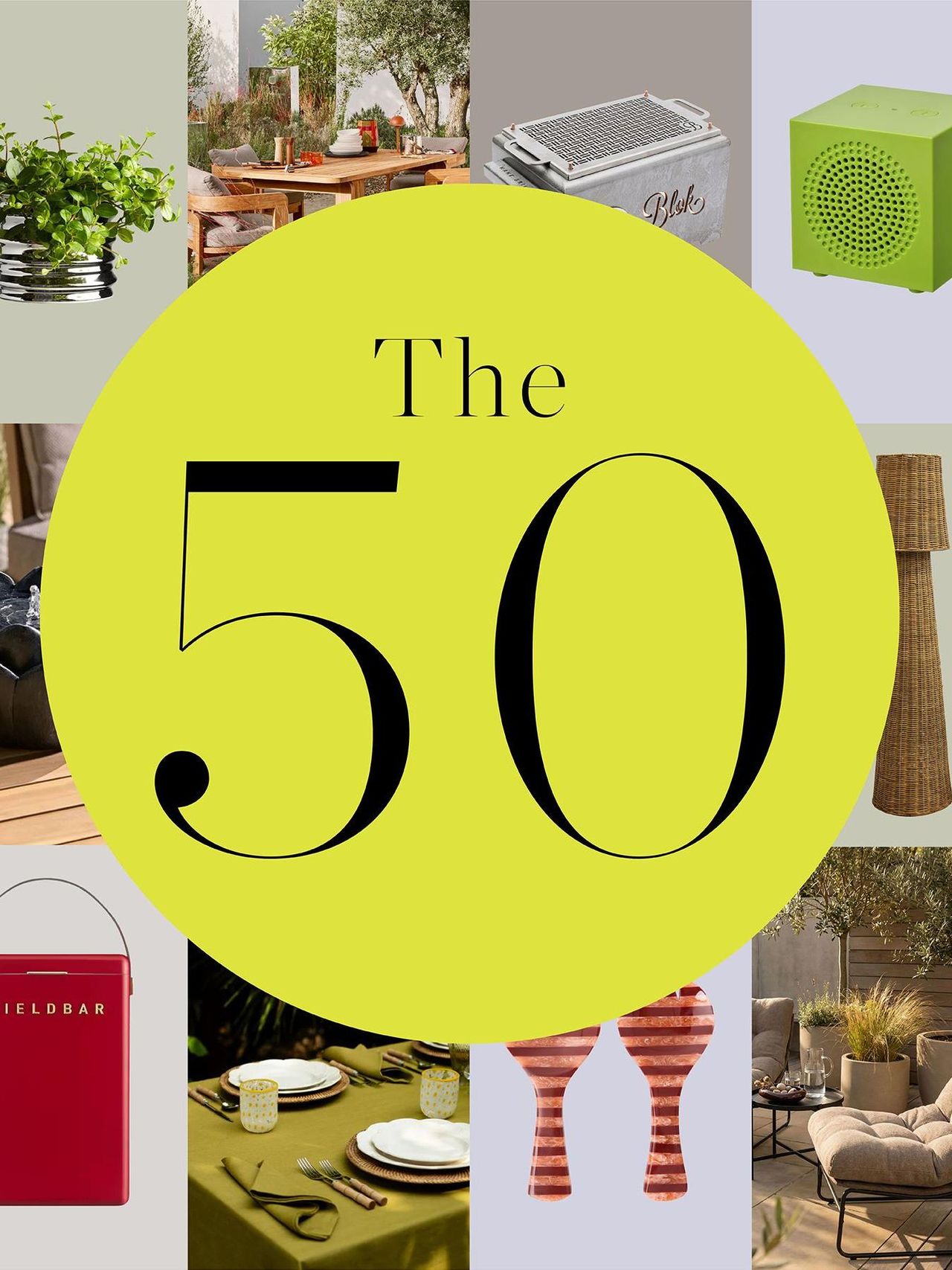 collage of garden furniture with a big yellow circle in the centre with the words 'the 50' in them