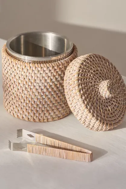 Whitewashed Rattan Ice Bucket With Tongs