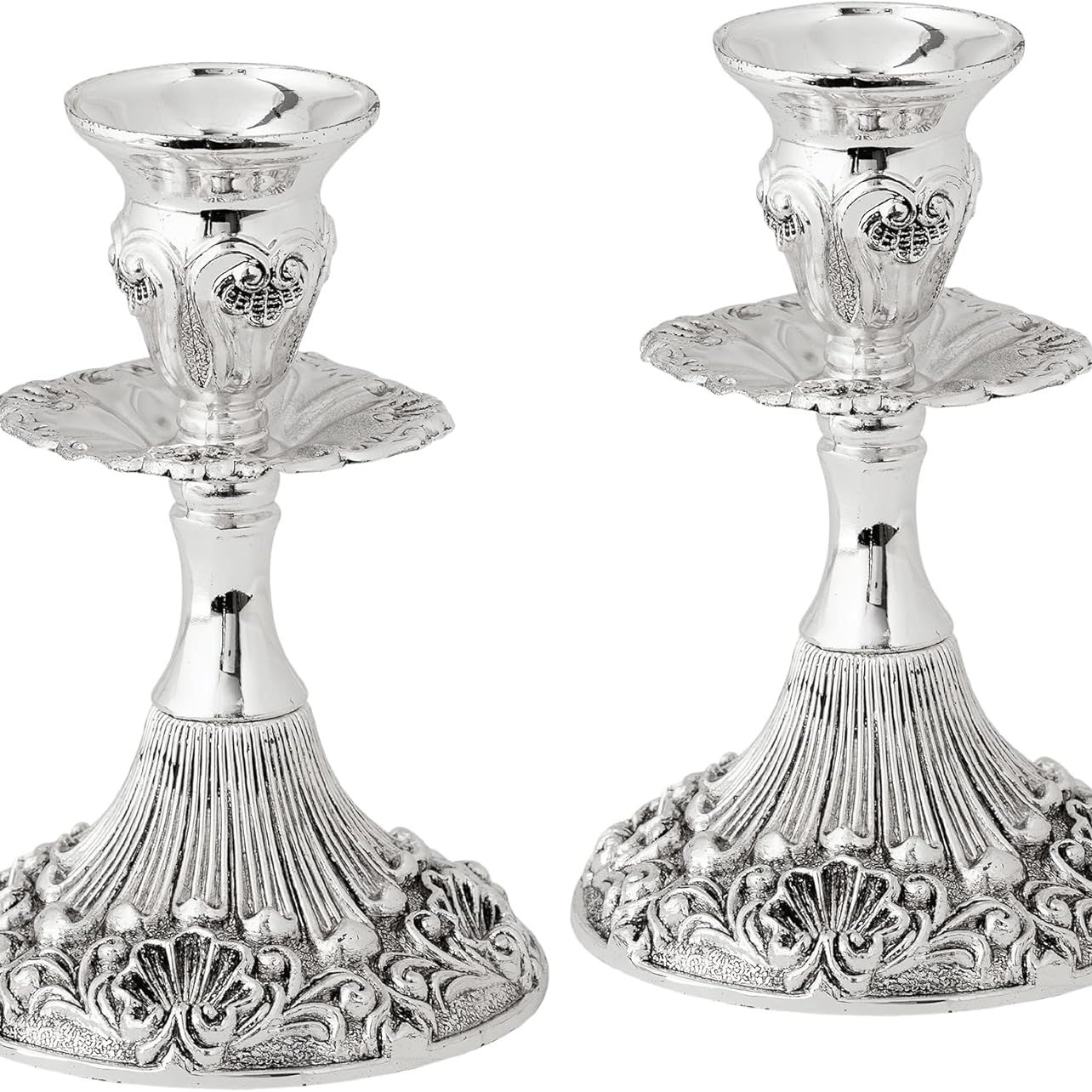 Silver Plated Candlesticks - 2 Pack Set - Pair of 5 Inch Ornate Candle Holders With Round Base and Floral Design