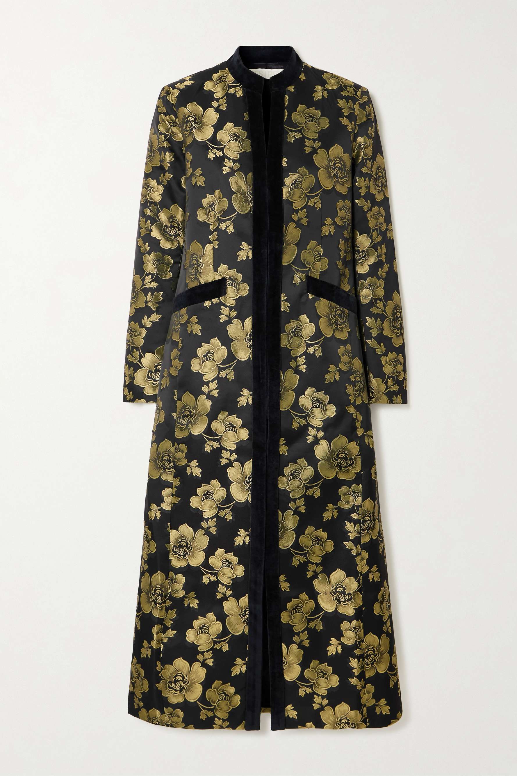 Eden Cotton-Blend Velvet-Trimmed Floral-Brocade Coat