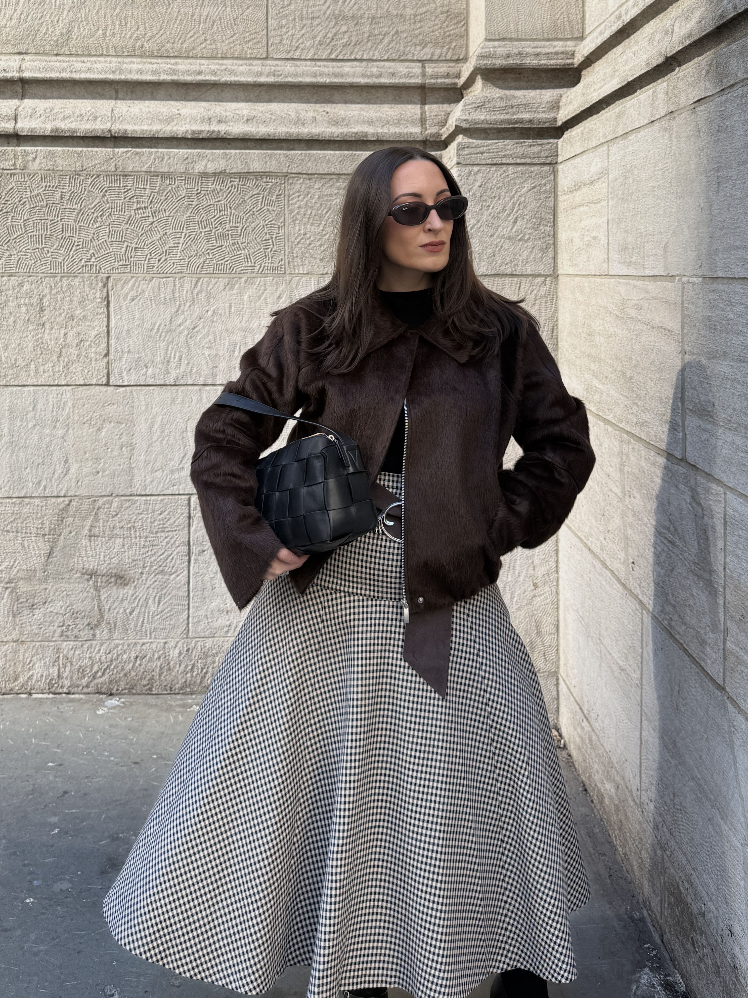 Bella Gerard styles a pony hair jacket with a full skirt