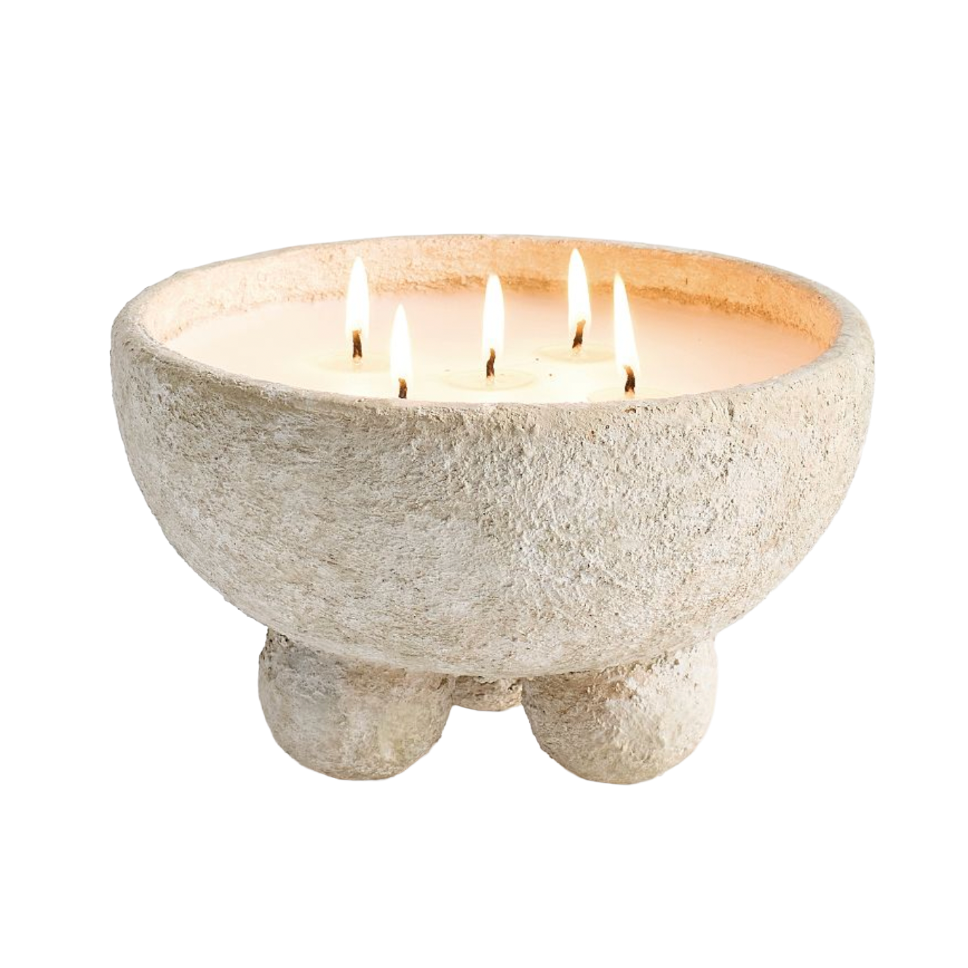 five-wick candle in a rustic white footed pot