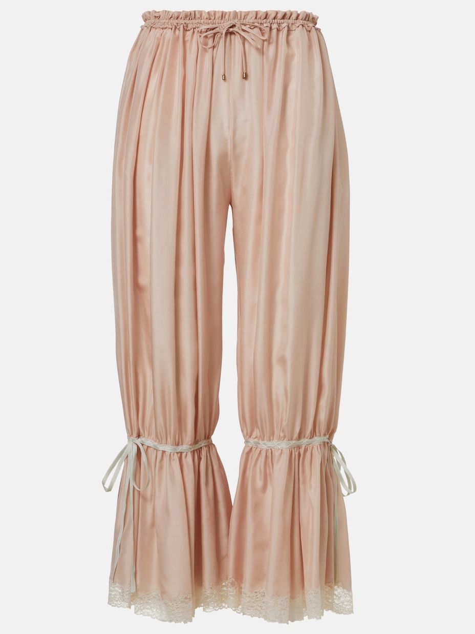Lace-Trimmed Silk Pong&amp;eacute; Cropped Pants in Pink - Chloe