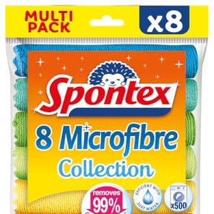Spontex Microfibre Cloths for Cleaning | 8 Microfibre Collection Cleaning Cloths | for Use as Dusters, Dish Cloths &amp;amp; Kitchen Towels | 30 X 30cm | Assorted Colours | 8 Count
