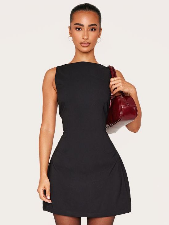 Petite Black Woven Open Back Mini Dress