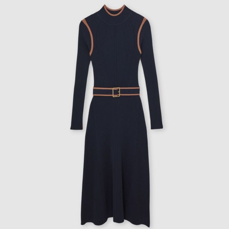 navy knit dress with beige trims