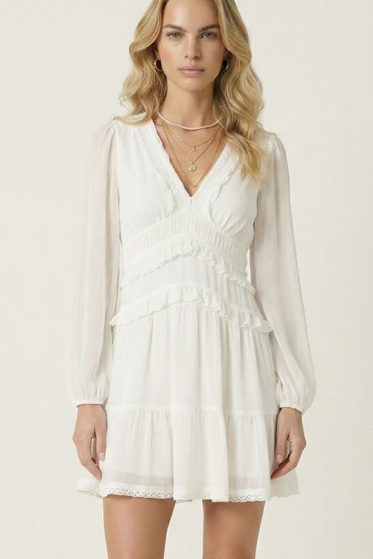 Long Sleeve V-Neck Ruffle Tiered Mini Dress With Sheer Chiffon Overlay