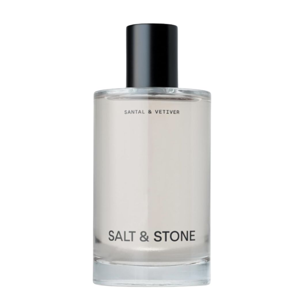 A product shot of the Salt &amp;amp; Stone Santal and Vetiver body mist, on a white background