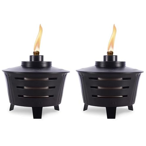 Tiki Mini Fire Pit Tabletop Torch 2-Pack, Outdoor Decorative Tiki Torch for Patio, Backyard, and Garden, Black Metal Tabletop Flame Torch, Includes Long Lasting Wick and Snuffer