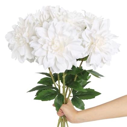 Insunsix White Dahlia Artificial Flowers,6pcs Faux Dahlia Flowers 23.62" Fake Silk Flowers With Stems for Wedding Party Home Decorations(white)