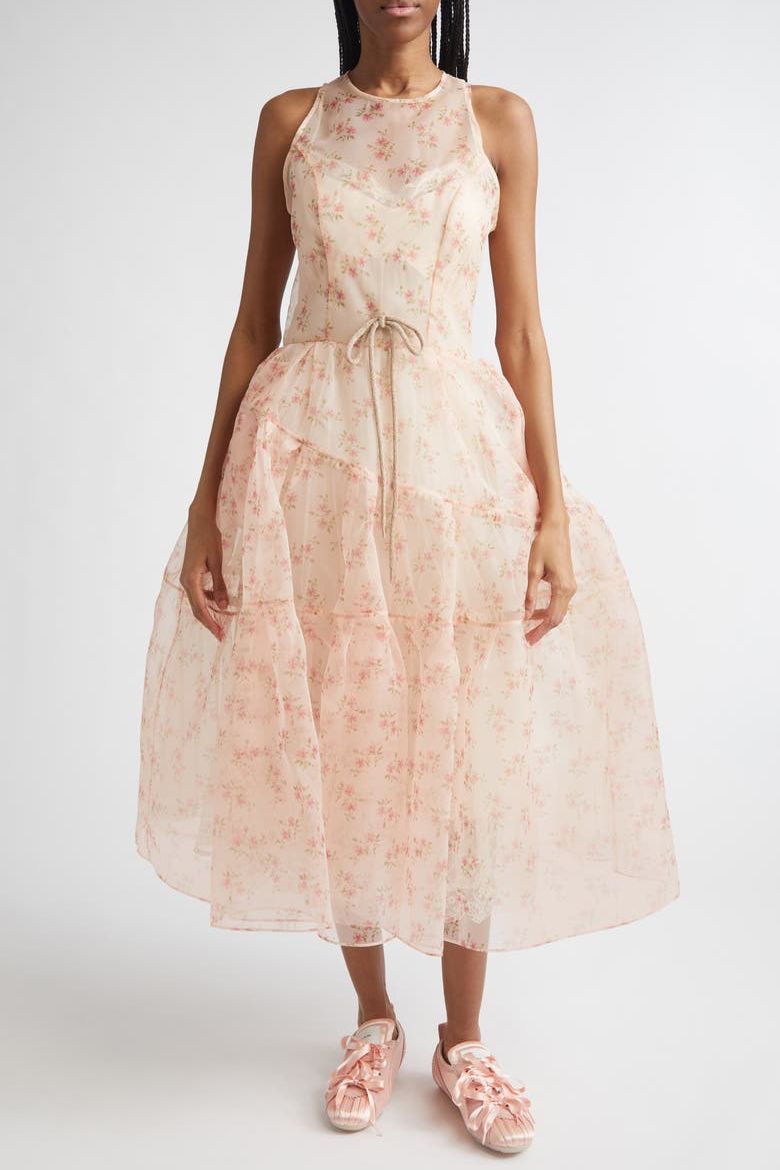 Tapered Back Flounce Floral Sheer Organza Dress