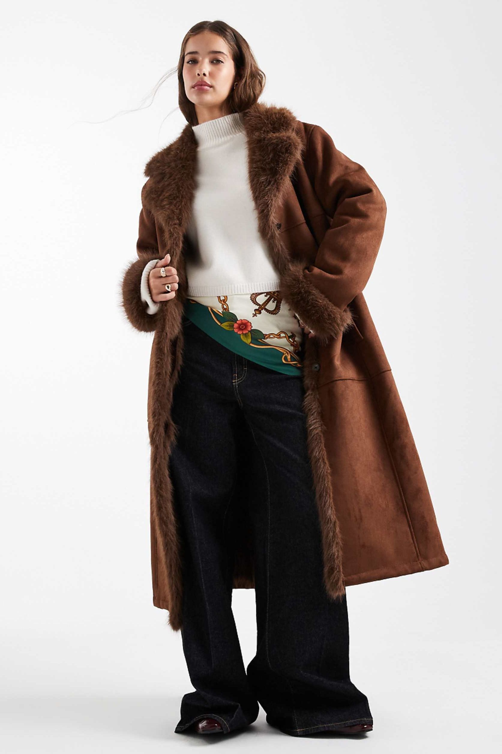 Asos Design Longline Faux Fur Bonded Shearling Jacket in Brown