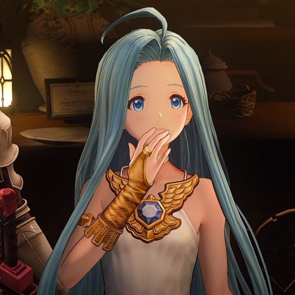 Granblue Fantasy: Relink - Lyria (right) standing with her hand over her mouth beside the main character (left)