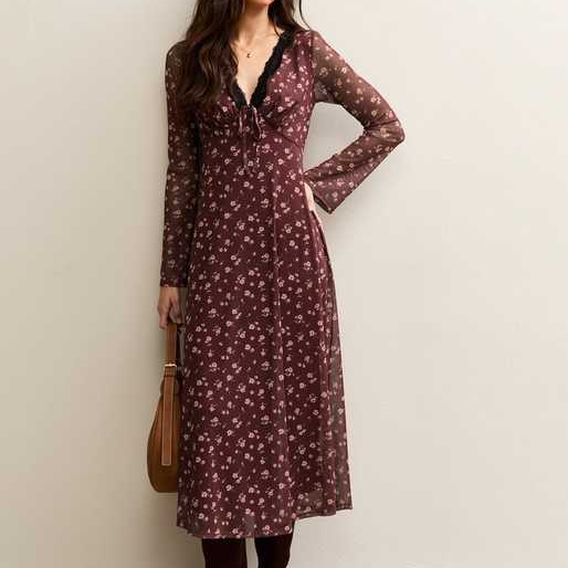 New Look, Brown Ditsy Print Long Sleeve Lace Mesh Midi Dress